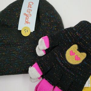 Girls Winter Hat and Texting Gloves Gift SET Kawaii Cat Black Rainbow Glitter OS